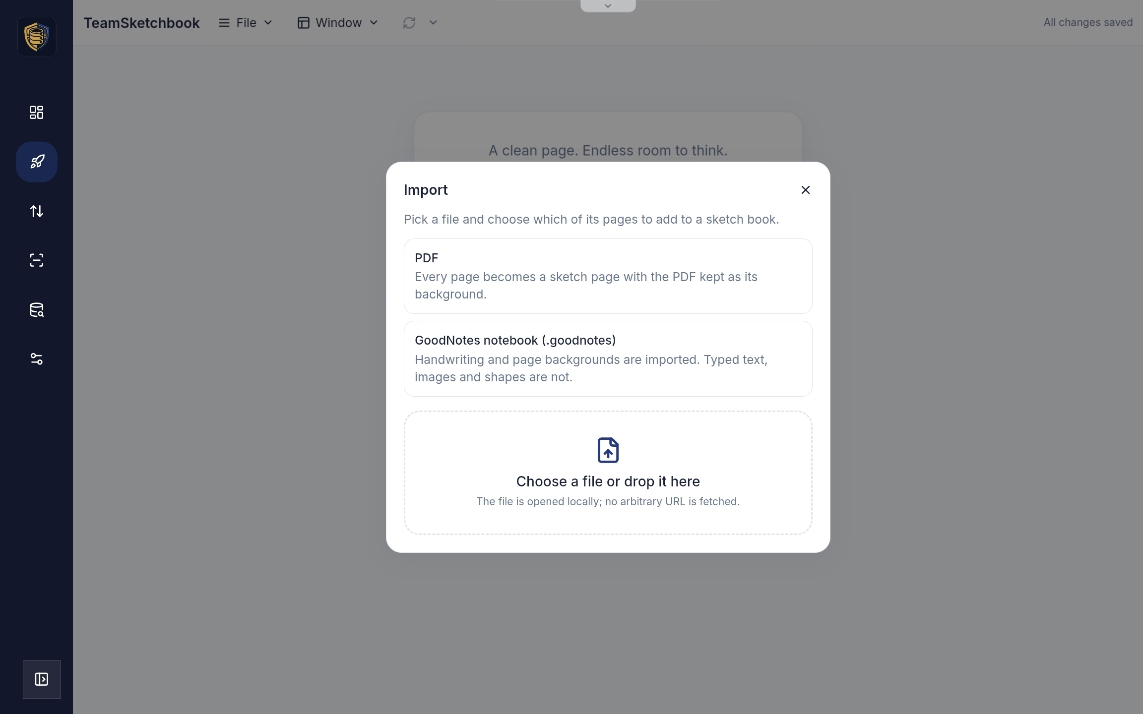 Import dialog offering PDF and GoodNotes notebook options